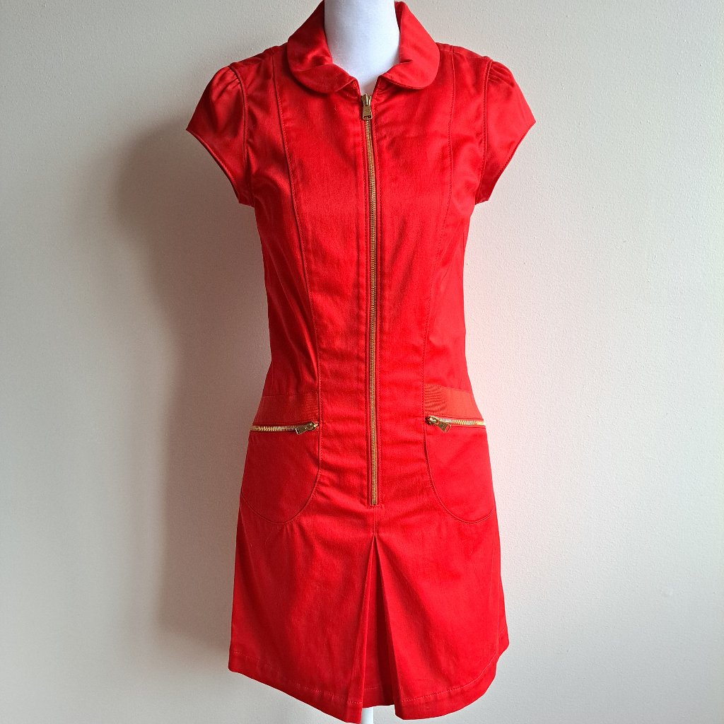 New Louis Vuitton Red Cap Sleeve Cotton Gold Zipper Dress Sz It38